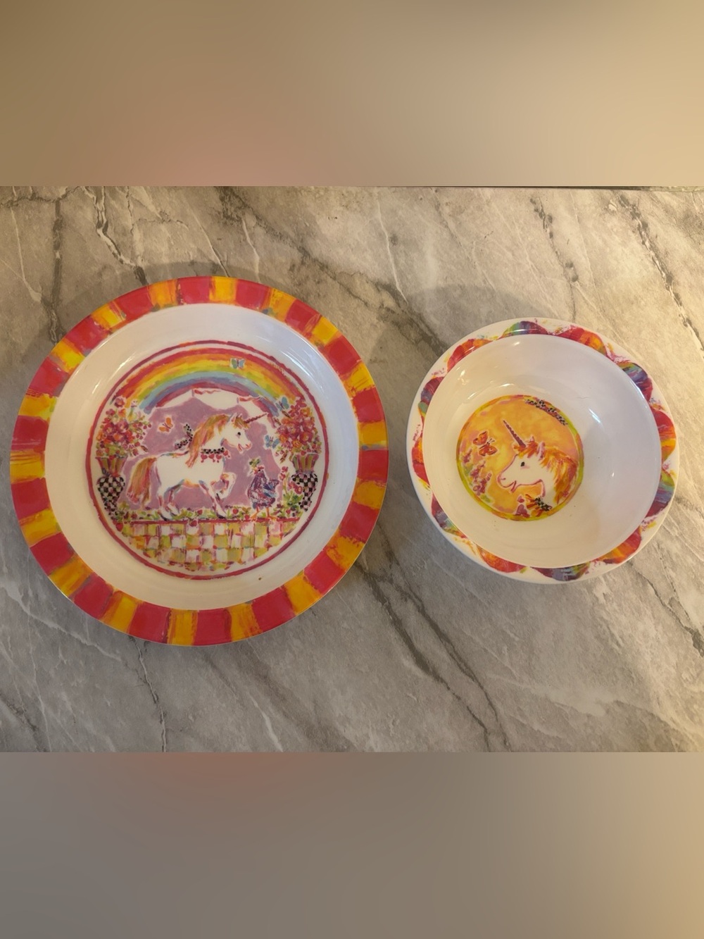 MacKenzie-Childs White melamine Plate & bowl set part of unicorn picnic